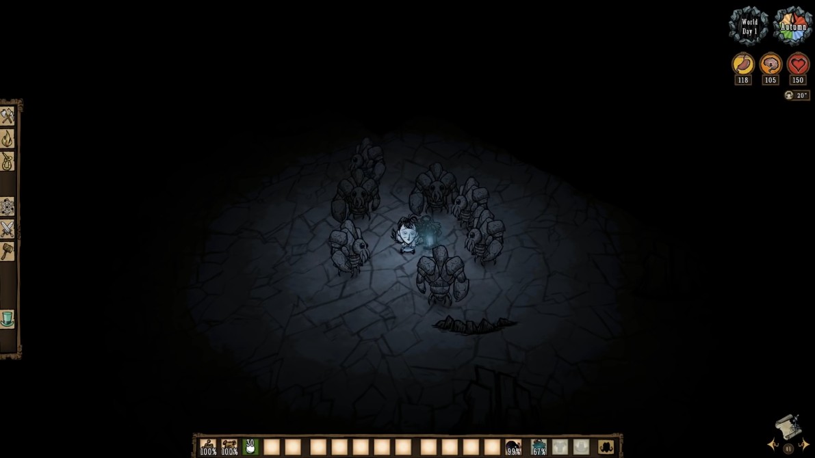 A Rock Lobster in the cave environment of Don't Starve