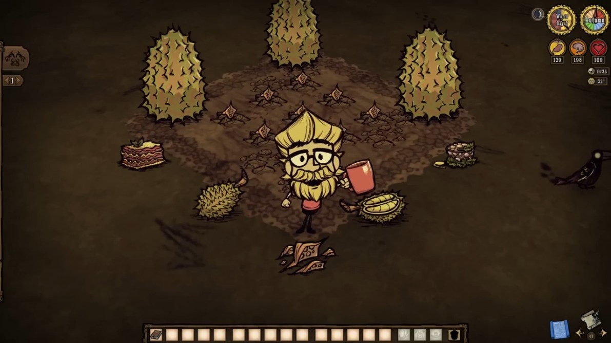A durian fruit in Don’t Starve, showcasing its spiky exterior.