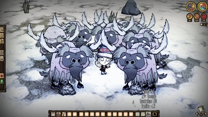 An illustration of a player character preparing for winter with crafted clothing and food supplies.